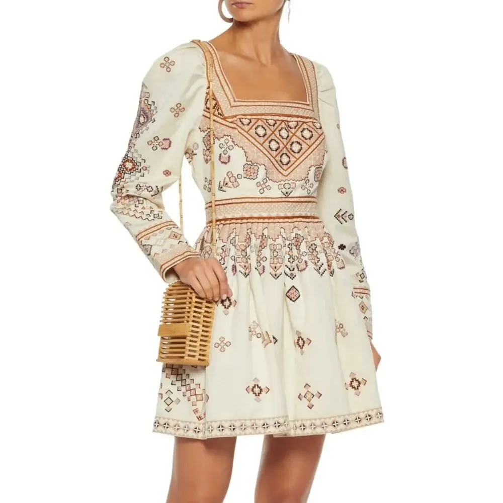 Ulla Johnson Adilah Beaded Embroidered Cotton Linen Mini Dress Ochre size 0